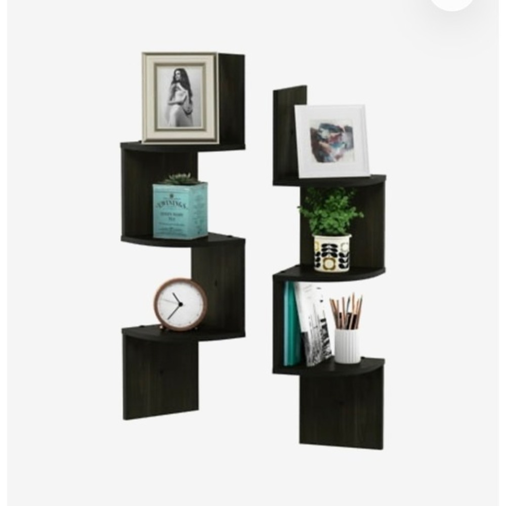 Set of 2 Wall Floating Corner Shelves 3-Tier Zig Zag Espresso Black 2-16126